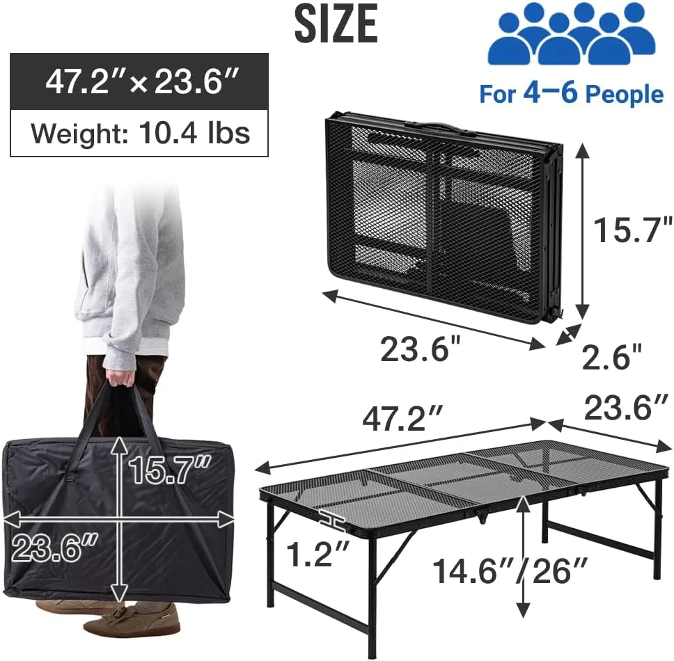 Folding Grill Table, 4 x 2 FT Lightweight Height Adjustable Aluminum Table with Mesh Desktop and Mesh Bag for Outdoor Camping Picnic BBQ (Silver, large (47" x 23"))