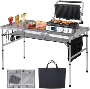 Folding Grill Table, 4 x 2 FT Lightweight Height Adjustable Aluminum Table with Mesh Desktop and Mesh Bag for Outdoor Camping Picnic BBQ (Silver, large (47" x 23"))