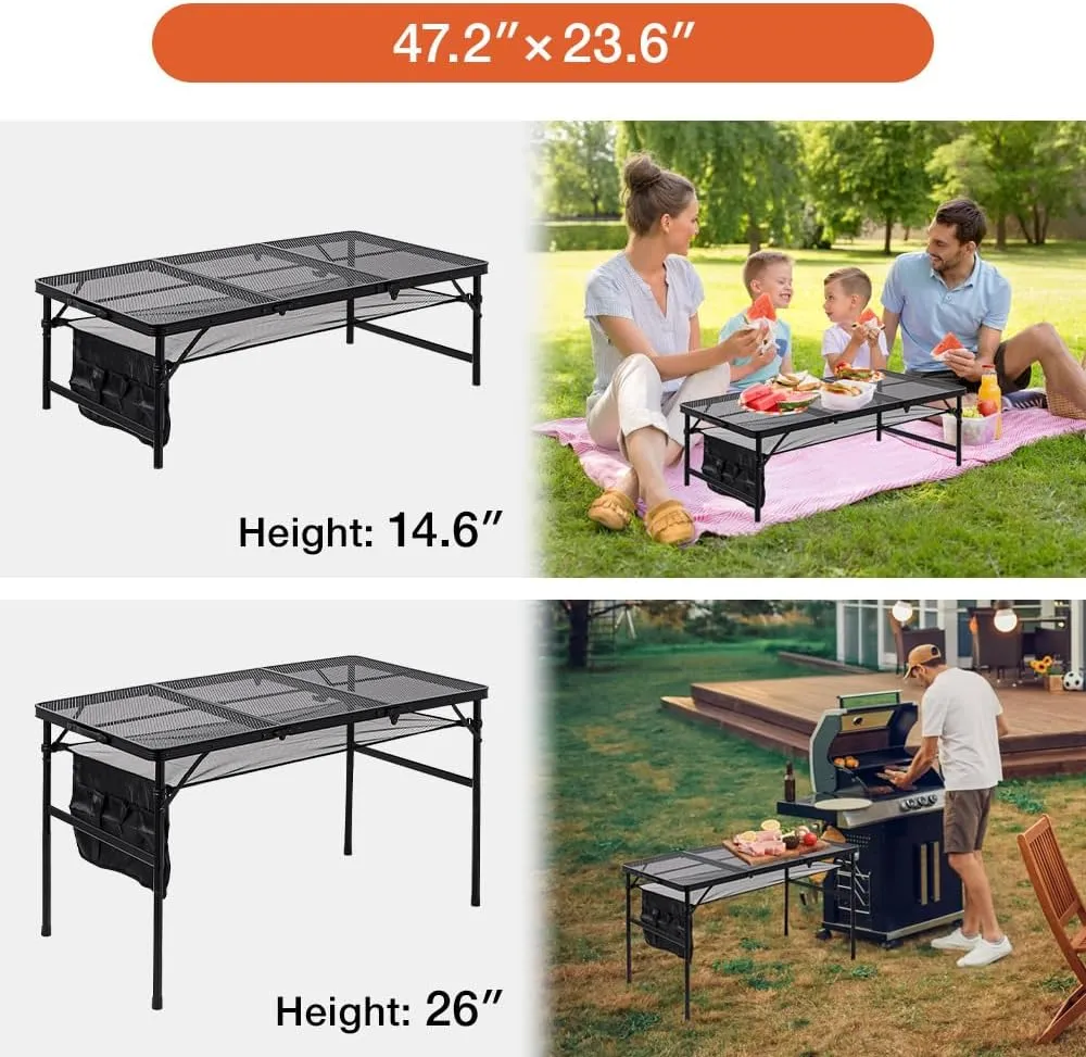 Folding Grill Table, 4 x 2 FT Lightweight Height Adjustable Aluminum Table with Mesh Desktop and Mesh Bag for Outdoor Camping Picnic BBQ (Silver, large (47" x 23"))
