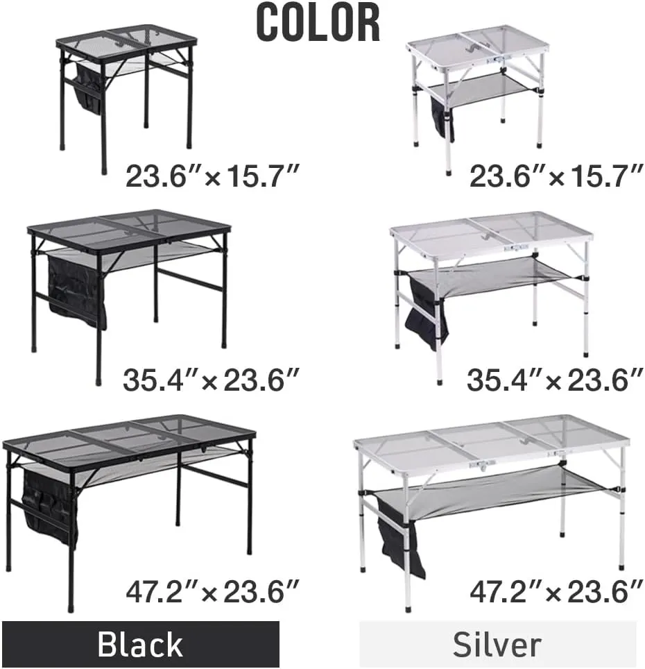 Folding Grill Table, 4 x 2 FT Lightweight Height Adjustable Aluminum Table with Mesh Desktop and Mesh Bag for Outdoor Camping Picnic BBQ (Silver, large (47" x 23"))