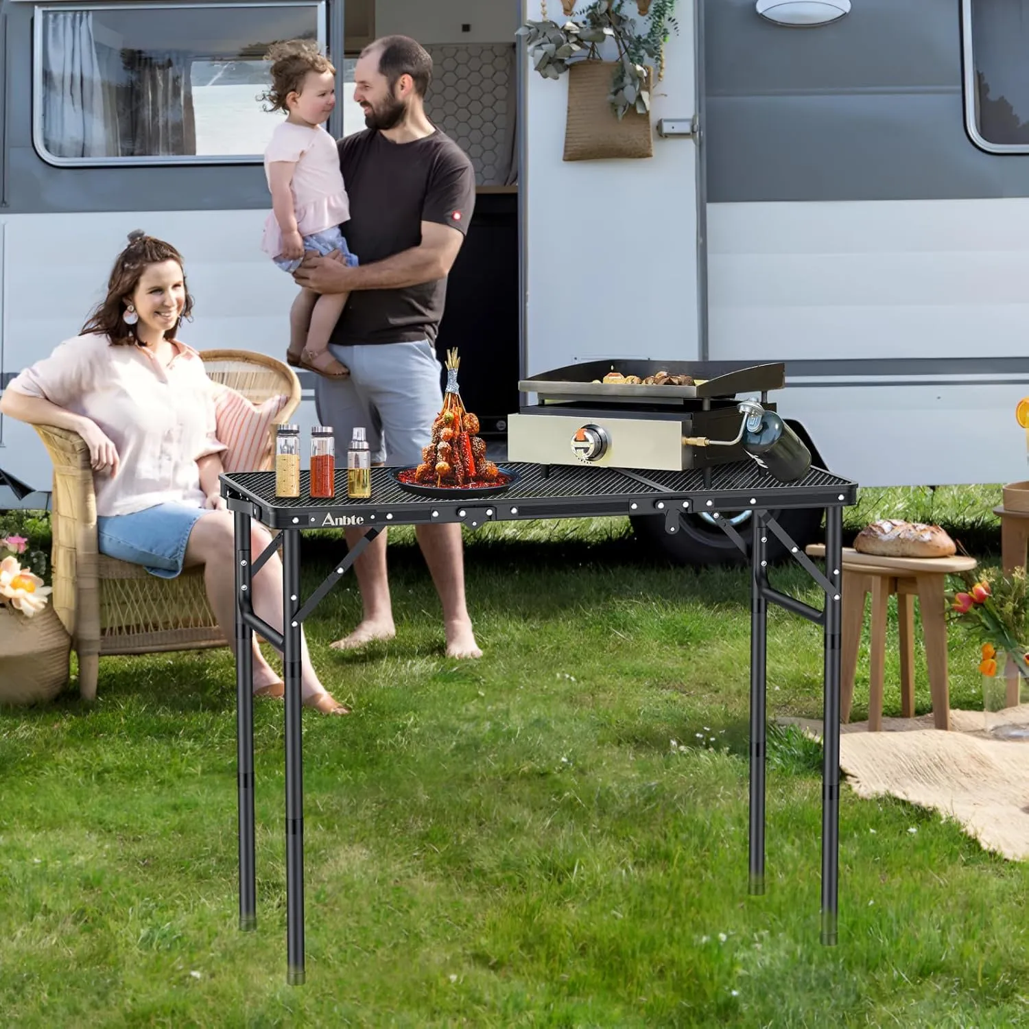 Folding Grill Table, Aluminum Camping Table Adjustable Height Max 27.5" Picnic Table Outdoor Table, Lightweight, Portable Handle for Travel Cooking BBQ Picnic, 35" x 16", Black