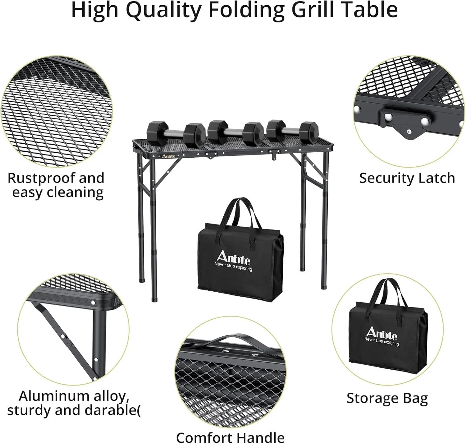 Folding Grill Table, Aluminum Camping Table Adjustable Height Max 27.5" Picnic Table Outdoor Table, Lightweight, Portable Handle for Travel Cooking BBQ Picnic, 35" x 16", Black