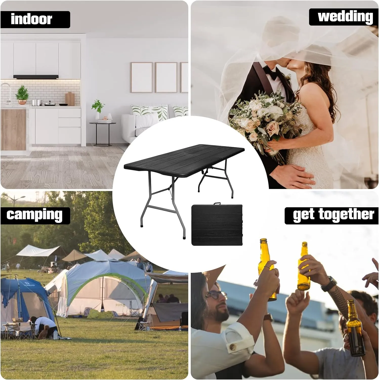 Folding Table 6ft Portable Heavy Duty Plastic Fold-in-Half 6 Foot Foldable Table Utility Dining Indoor Outdoor for Camping Picnic and Party, Black