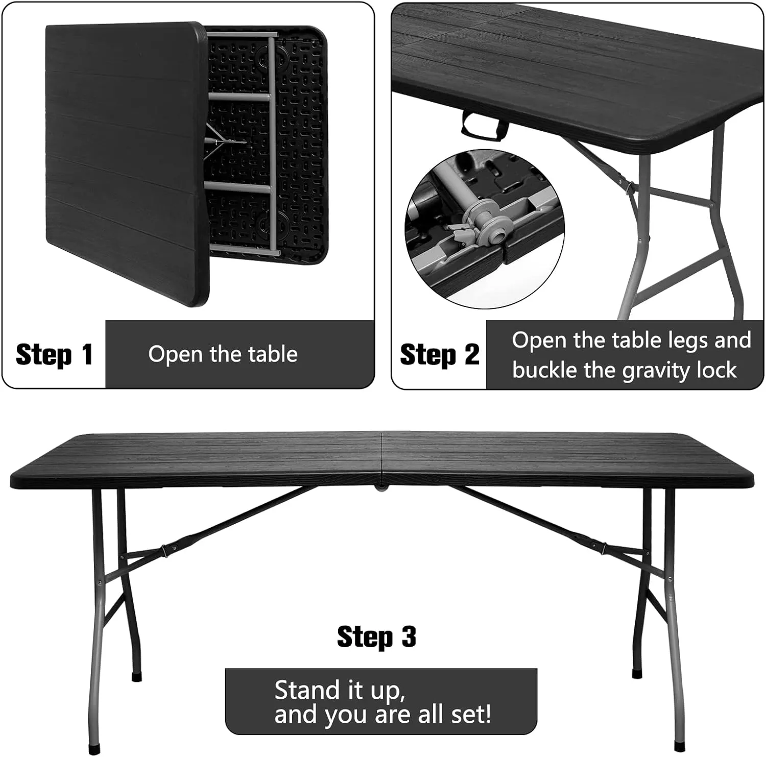 Folding Table 6ft Portable Heavy Duty Plastic Fold-in-Half 6 Foot Foldable Table Utility Dining Indoor Outdoor for Camping Picnic and Party, Black