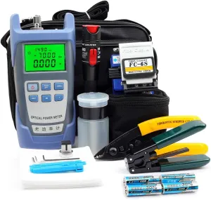FTTH Fiber Optic Cable Cold Connect Tools Kit Bag w Visual Fault Locator FC-6S Fiber Cleaver SC FC Connector Optical Power Meter Finder Cable Tester Stripper Tool Dust Free Paper Assembly Termination
