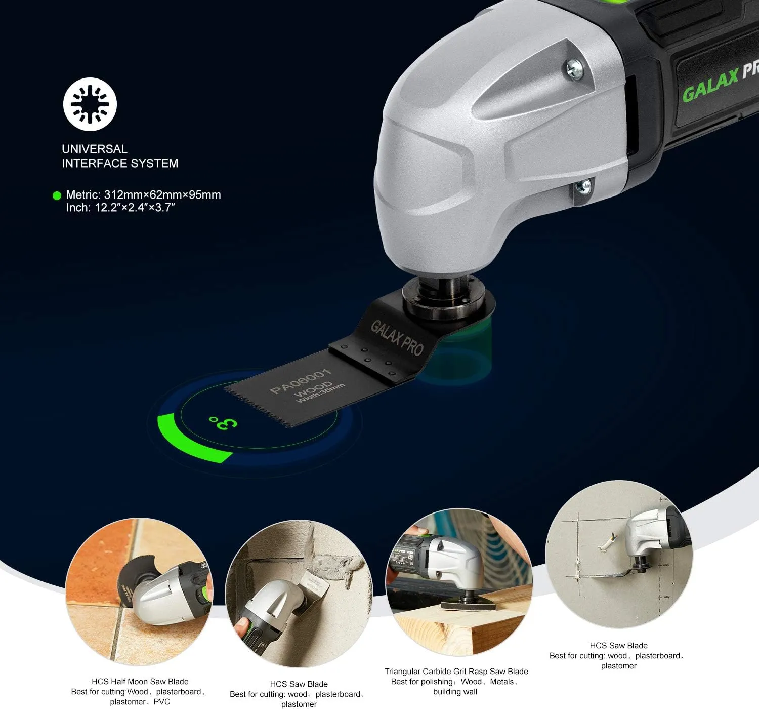 GALAX PRO 22000 OPM 1.5A Oscillating Multi Tool, 3 Degree Oscillating Angle with 3 Pieces Saw Blades, 1 Piece Semi Circle Blade Sanding Plate, 6 Pieces Sanding Papers for Grinding