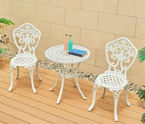 Garden Bench 3-Piece Outdoor Furniture Dining Set, Cast Aluminum Set Includes 2 Chairs and Round Table for Patio Garden Deck, Flower Design