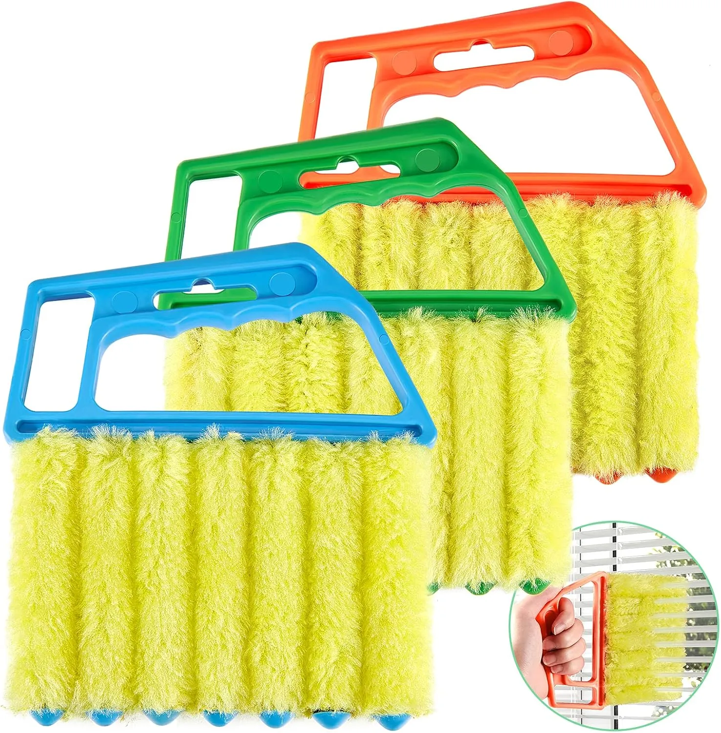 Geiserailie 3 Pieces Blind Cleaner Duster Tool 7 Finger Dusting Cleaner for Window Venetian Washable Mini Brush Hand Held Tool for Air Conditioner Dust Dirt (3 Colors)