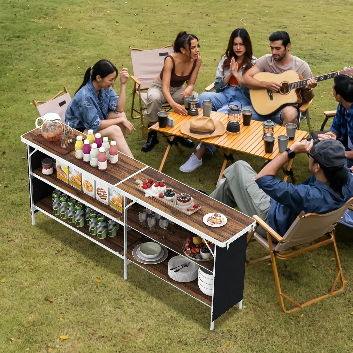 Giantex 81" Extra Long Portable Bar Table with 2-Tier Storage Shelves, Folding Mobile Bartending Station with Removable Skirt, Carry Case, for Events, Parties, Trade Shows (Coffee, 81''L x 32.5''H)