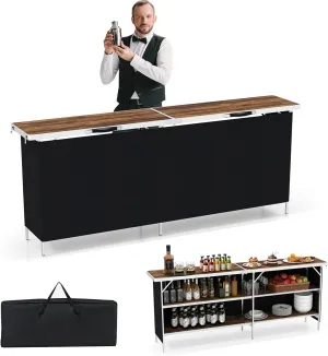 Giantex 81" Extra Long Portable Bar Table with 2-Tier Storage Shelves, Folding Mobile Bartending Station with Removable Skirt, Carry Case, for Events, Parties, Trade Shows (Coffee, 81''L x 32.5''H)