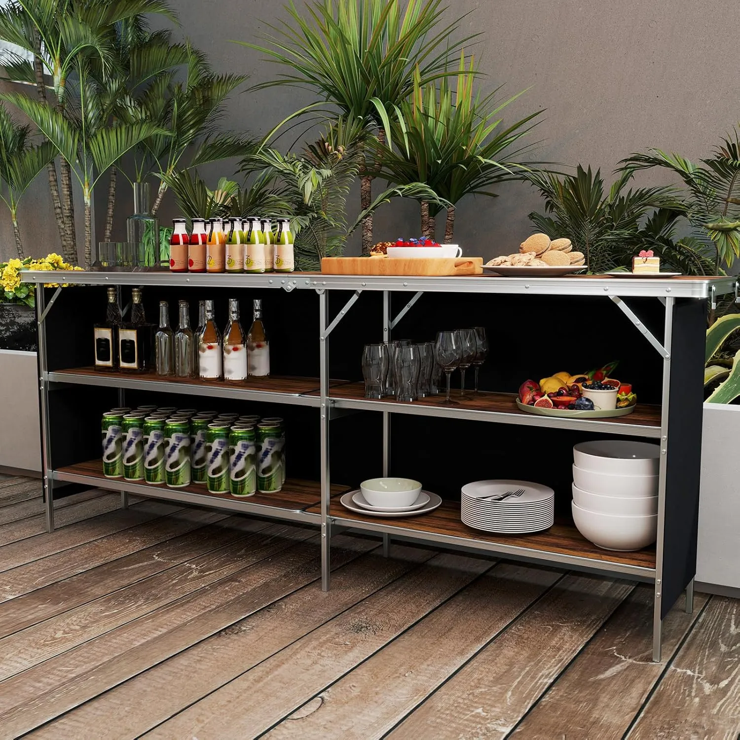 Giantex 81" Extra Long Portable Bar Table with 2-Tier Storage Shelves, Folding Mobile Bartending Station with Removable Skirt, Carry Case, for Events, Parties, Trade Shows (Coffee, 81''L x 32.5''H)