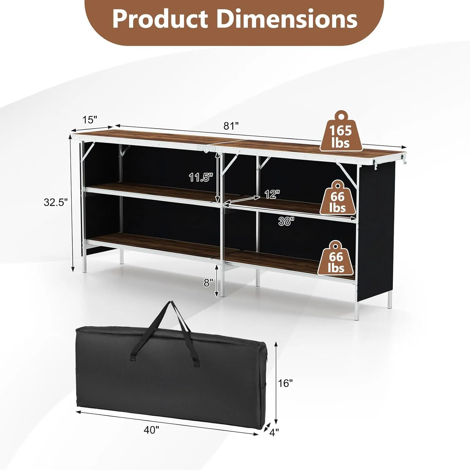 Giantex 81" Extra Long Portable Bar Table with 2-Tier Storage Shelves, Folding Mobile Bartending Station with Removable Skirt, Carry Case, for Events, Parties, Trade Shows (Coffee, 81''L x 32.5''H)