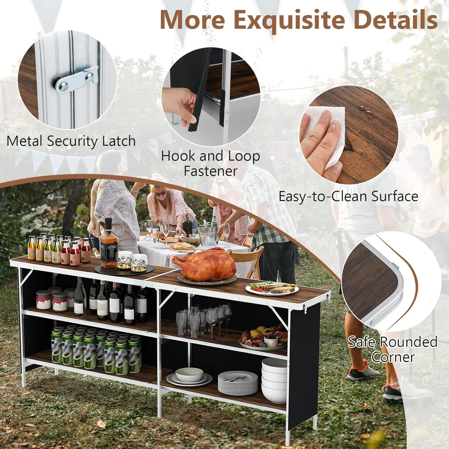 Giantex 81" Extra Long Portable Bar Table with 2-Tier Storage Shelves, Folding Mobile Bartending Station with Removable Skirt, Carry Case, for Events, Parties, Trade Shows (Coffee, 81''L x 32.5''H)