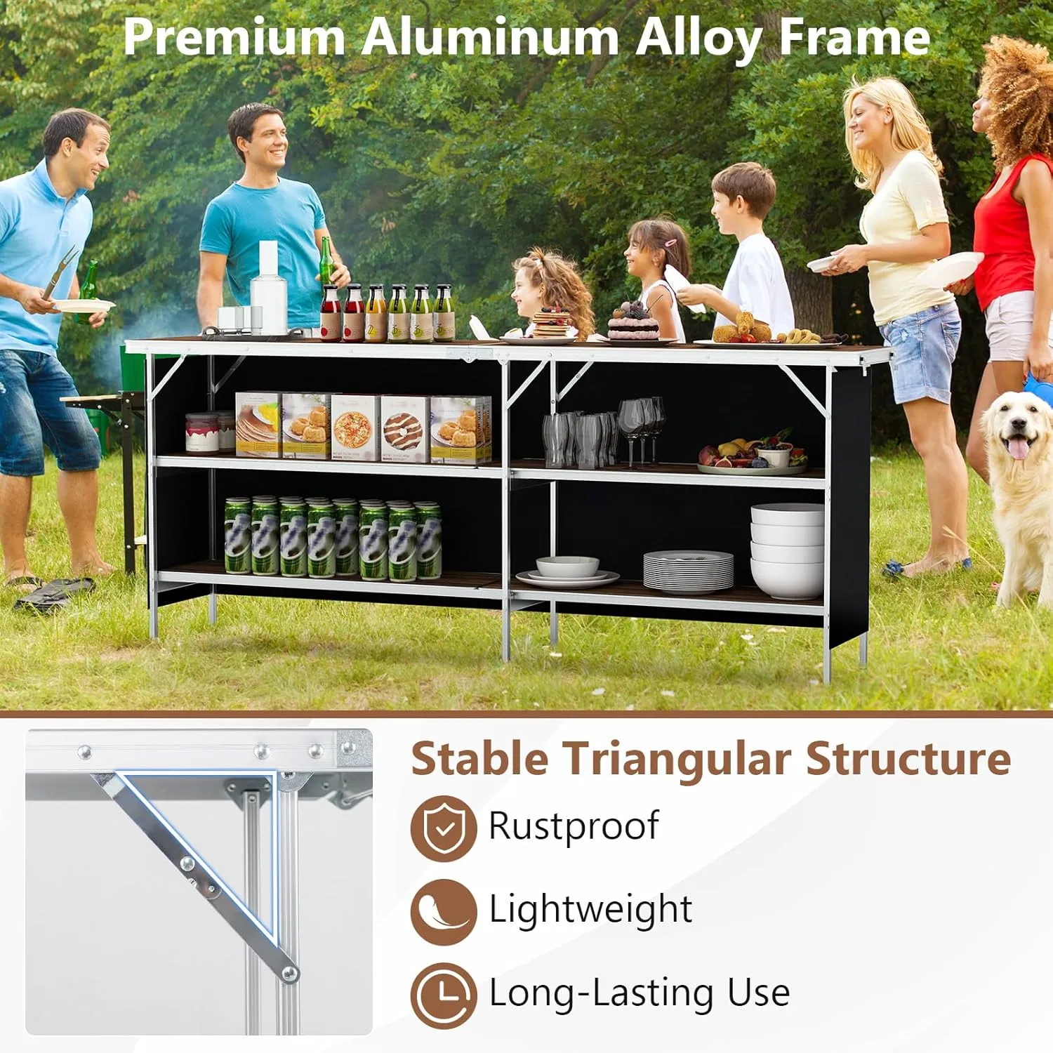 Giantex 81" Extra Long Portable Bar Table with 2-Tier Storage Shelves, Folding Mobile Bartending Station with Removable Skirt, Carry Case, for Events, Parties, Trade Shows (Coffee, 81''L x 32.5''H)