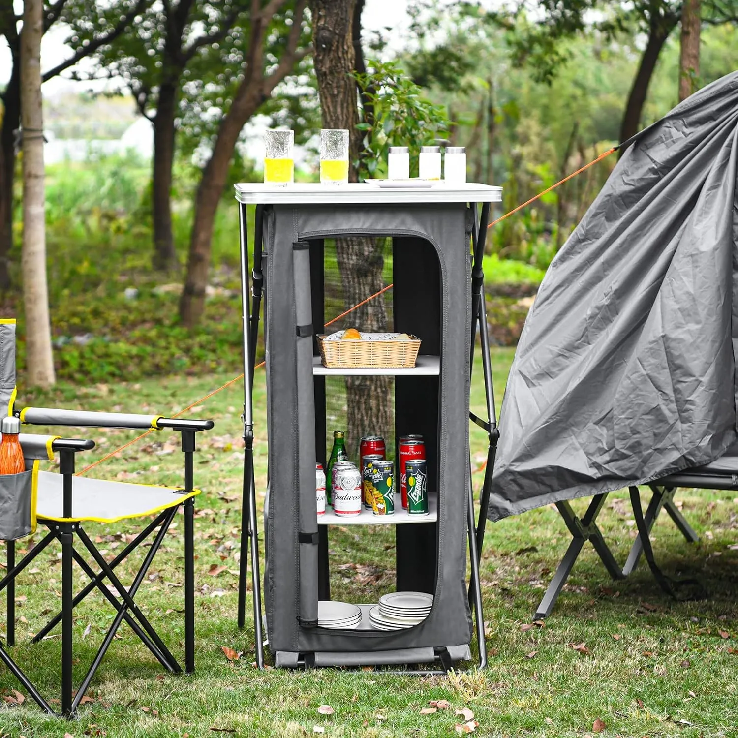 Giantex Folding Camping Storage Cabinet with 3 Shelves and Carry Bag, Portable Outdoor Organizer Kitchen Table, Quick Set-up for BBQ, Picnic, Backyard, Compact Pop-Up Cupboard, 47''H