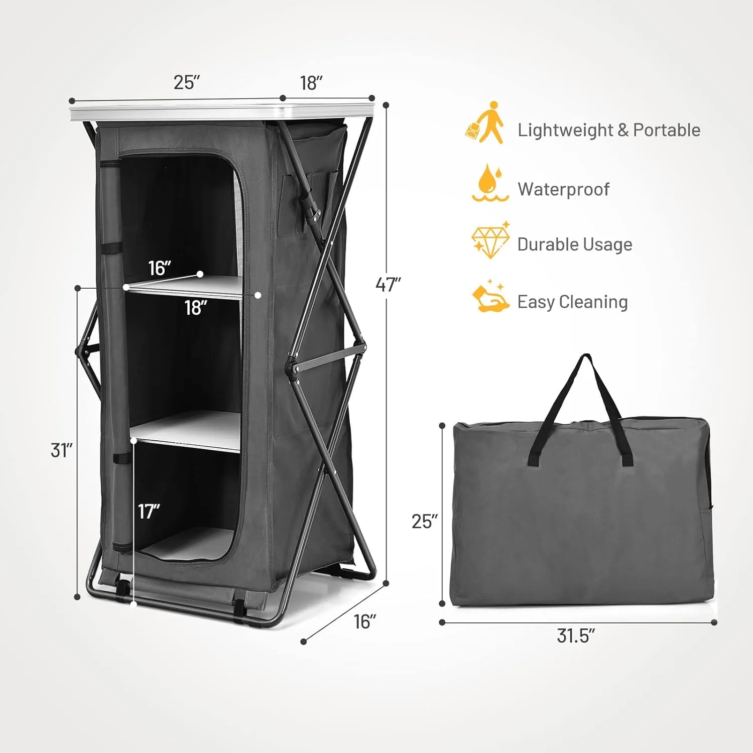 Giantex Folding Camping Storage Cabinet with 3 Shelves and Carry Bag, Portable Outdoor Organizer Kitchen Table, Quick Set-up for BBQ, Picnic, Backyard, Compact Pop-Up Cupboard, 47''H