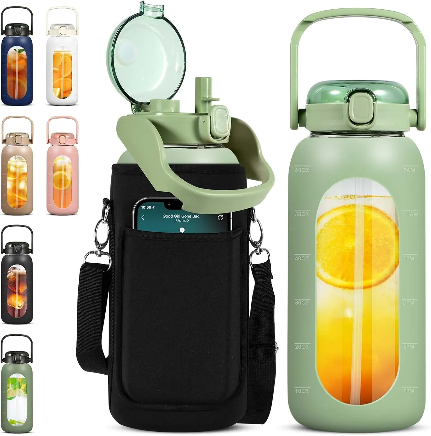 Glass Water Bottles 64 oz - Half Gallon Water Bottle with Straw Phone Holder Handle Time Marker and Silicone Sleeve, Large Motivational Water Jug with Carrier Bag for Daily Intake Gym Pastel