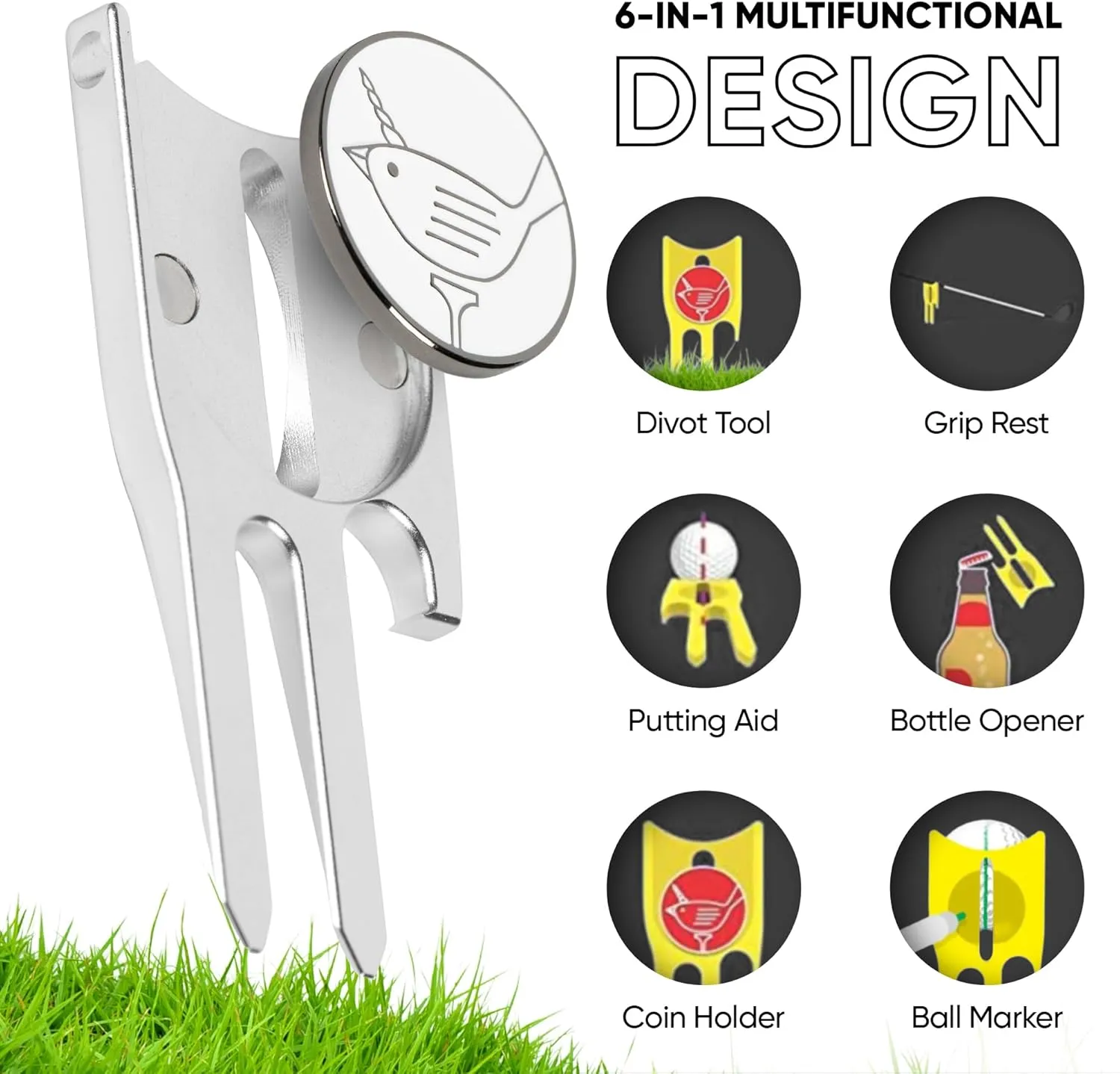 Golf Divot Repair Tool & Golf Ball Marker 6-in-1 Golf Divot Tool