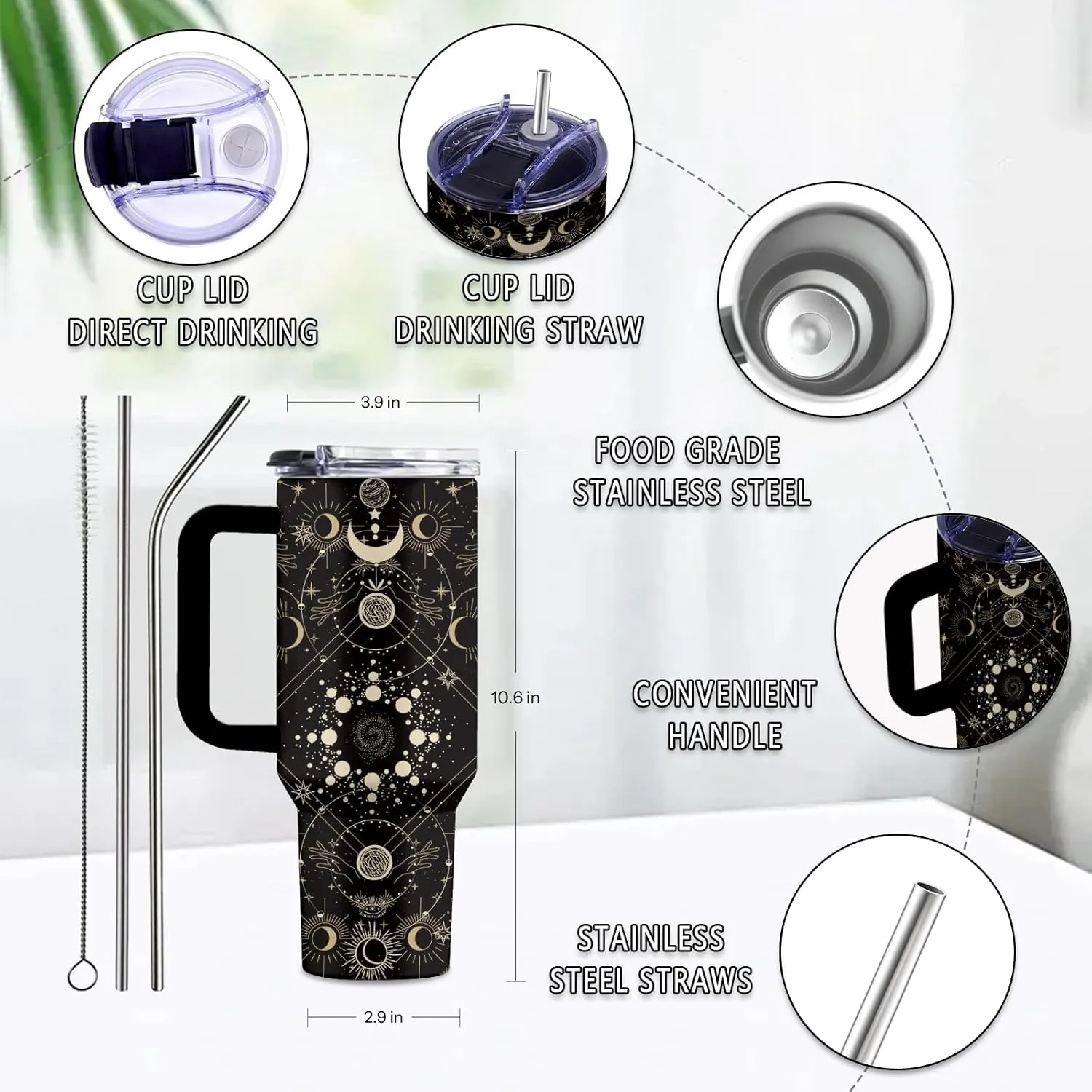 Goth Gifts, 40 Oz Goth Tumbler with Handle & Straw, Goth Gifts for Women, Birthday Presents for Gothic Style Lovers, Stainless Steel Gothic Tumbler, Moon Cup, Witchy Cup