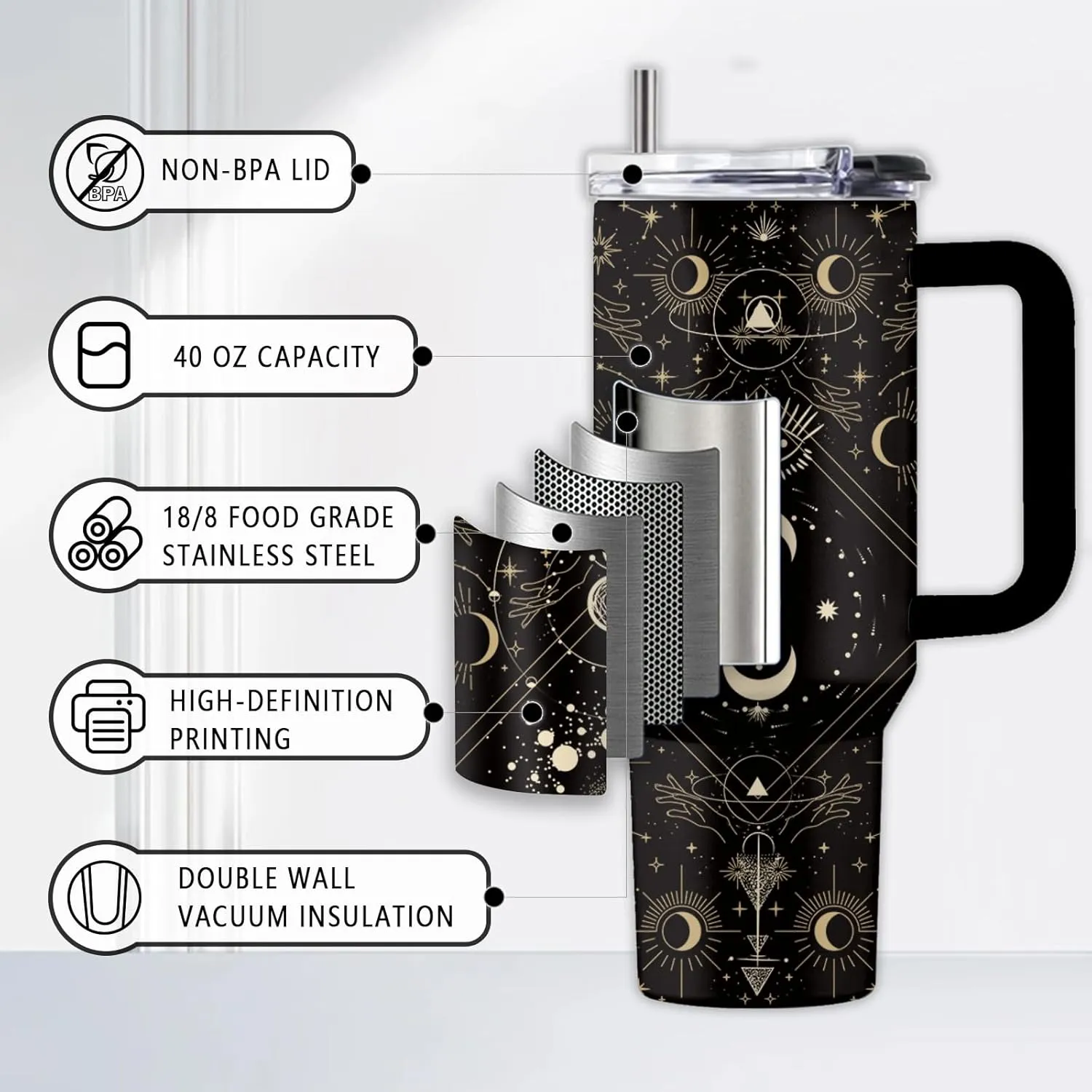 Goth Gifts, 40 Oz Goth Tumbler with Handle & Straw, Goth Gifts for Women, Birthday Presents for Gothic Style Lovers, Stainless Steel Gothic Tumbler, Moon Cup, Witchy Cup