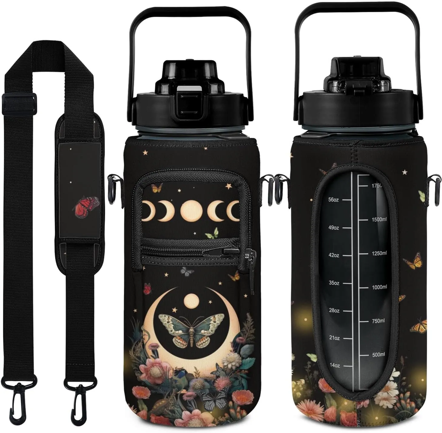 Goth Moon Butterfly Flower Water Bottle, Half Gallon Water Bottle with Time Marker, Sports Gym Water Bottles for Women BPA Free Half Gallon Water Jugs Motivational Water Bottles 64 oz (Goth Gifts)