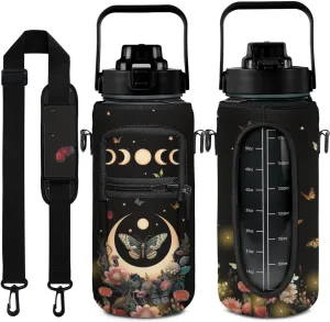 Goth Moon Butterfly Flower Water Bottle, Half Gallon Water Bottle with Time Marker, Sports Gym Water Bottles for Women BPA Free Half Gallon Water Jugs Motivational Water Bottles 64 oz (Goth Gifts)