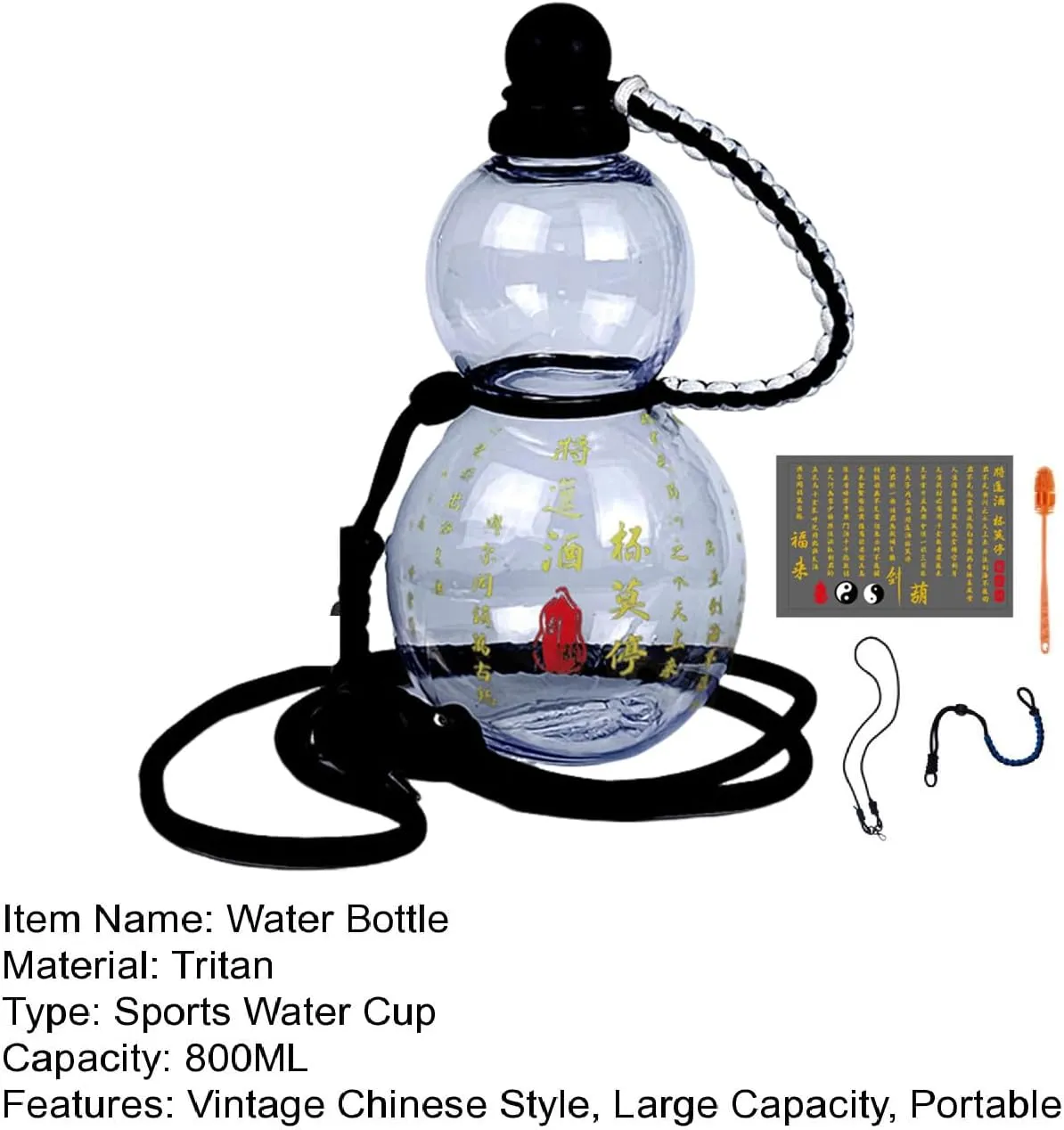 Gourd Water Bottle 28oz, Gourd-Shaped Sports Water Bottle, Monkey King Wu Kong Gourd Bottle,Chinese Vintage Gourd Travel Gourd Water Flask (White and Transparent)