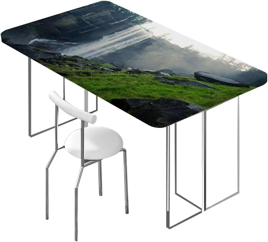Green Fitted Tablecloth for Rectangle Table Park Alpine Forest Natural Scenic Rectangular Fitted Picnic Folding Table Cover Outdoor tablecloths Farm House Decor Fits up 4 Foot Tables