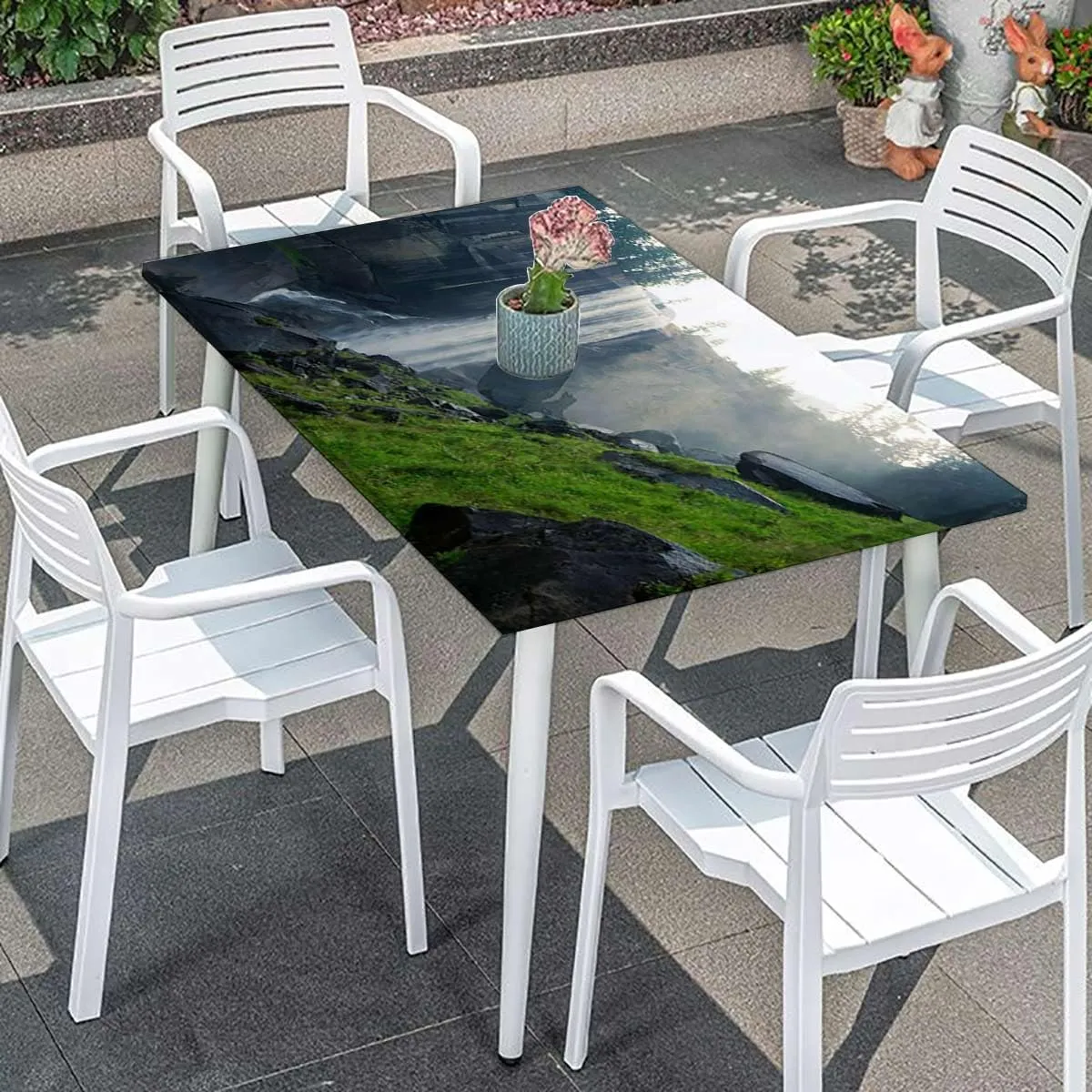 Green Fitted Tablecloth for Rectangle Table Park Alpine Forest Natural Scenic Rectangular Fitted Picnic Folding Table Cover Outdoor tablecloths Farm House Decor Fits up 4 Foot Tables