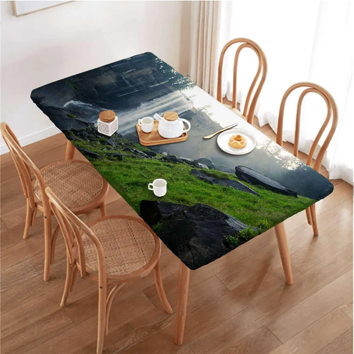 Green Fitted Tablecloth for Rectangle Table Park Alpine Forest Natural Scenic Rectangular Fitted Picnic Folding Table Cover Outdoor tablecloths Farm House Decor Fits up 4 Foot Tables