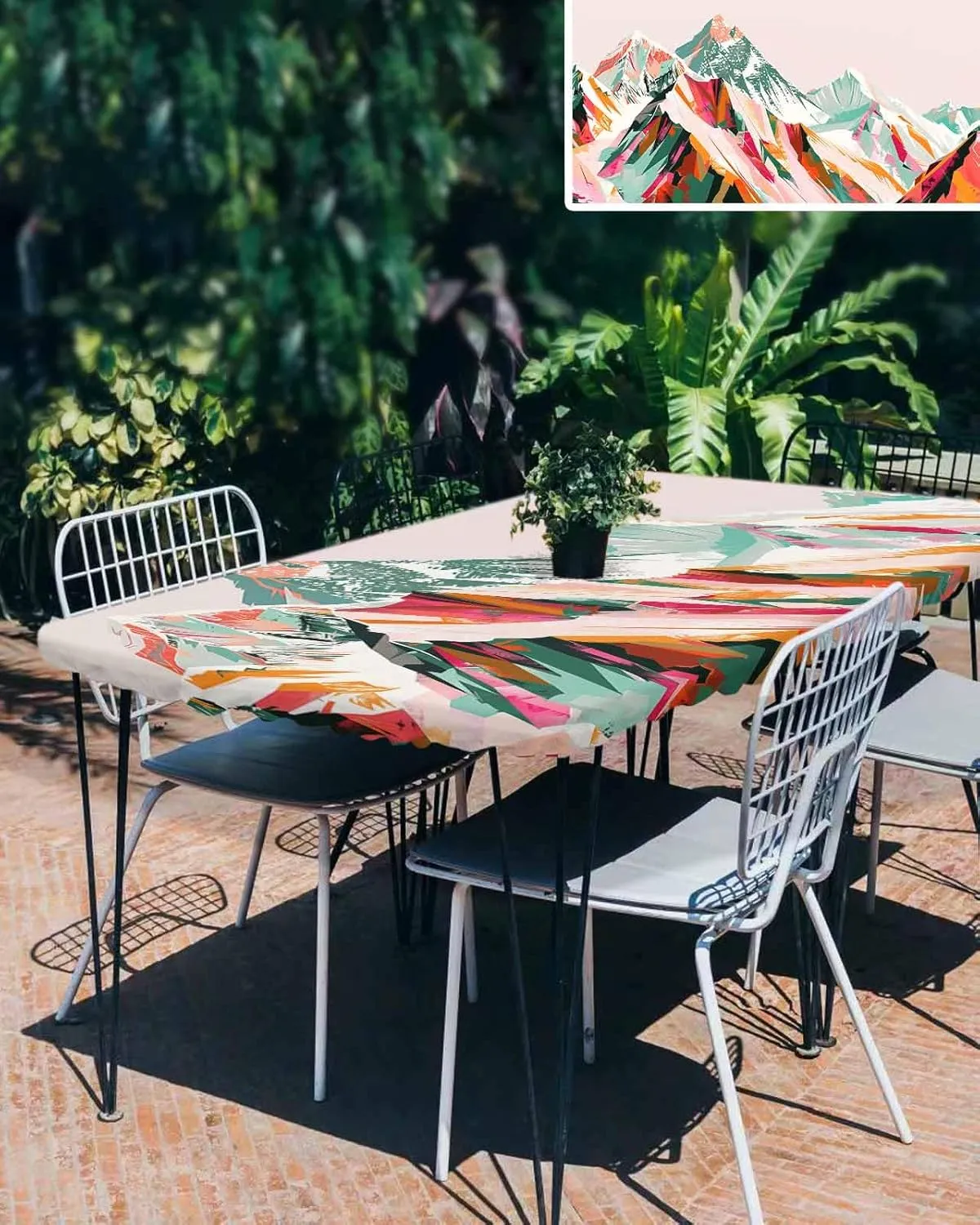 Green Orange Tablecloth Fitted Table Cover for 5ft Tables - Waterproof Wipeable Elastic Table Cloth for Outdoor Picnic Camping Dining Party, Abstract Mountains Range Modern Painted Art 30"x60"