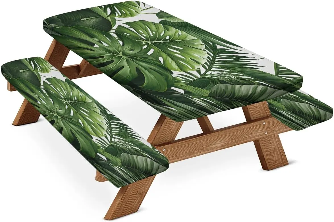 Green Palm Leave Picnic Table Cover with Bench Covers Waterproof Camping Essentials Fitted Tablecloth with Elastic Edge Rectangle Table Cloth for Outdoor