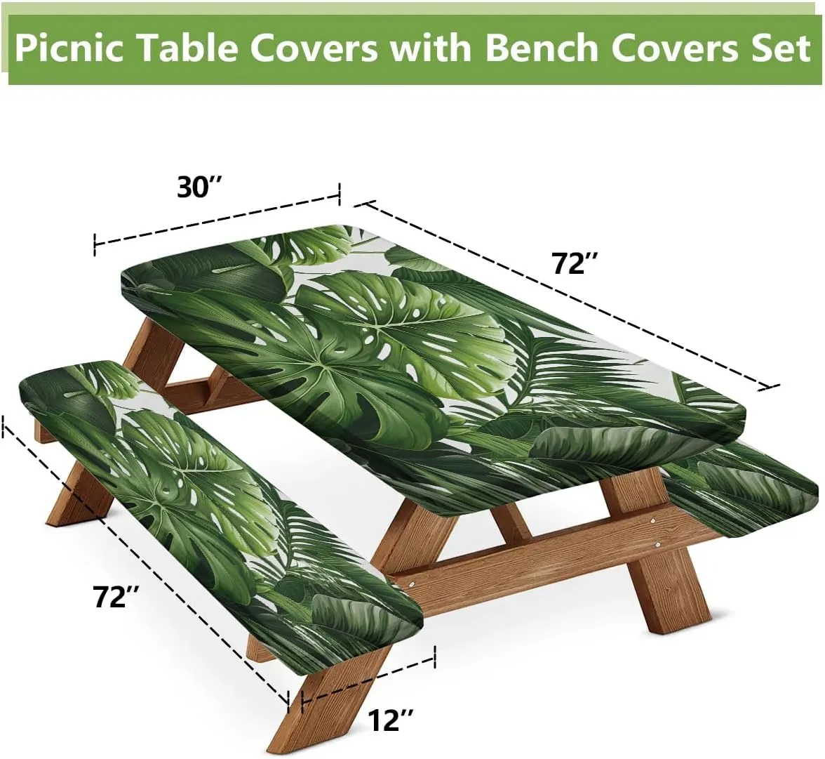 Green Palm Leave Picnic Table Cover with Bench Covers Waterproof Camping Essentials Fitted Tablecloth with Elastic Edge Rectangle Table Cloth for Outdoor