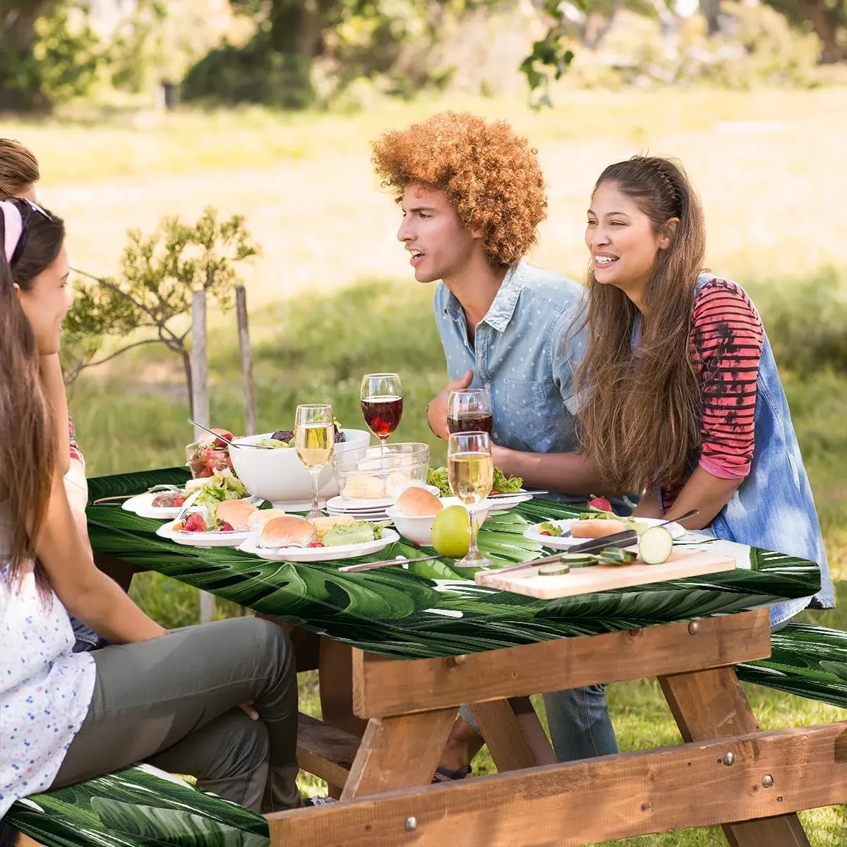 Green Palm Leave Picnic Table Cover with Bench Covers Waterproof Camping Essentials Fitted Tablecloth with Elastic Edge Rectangle Table Cloth for Outdoor