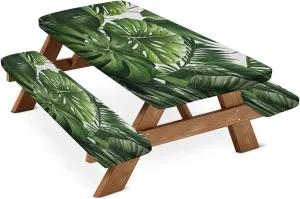 Green Palm Leave Picnic Table Cover with Bench Covers Waterproof Camping Essentials Fitted Tablecloth with Elastic Edge Rectangle Table Cloth for Outdoor