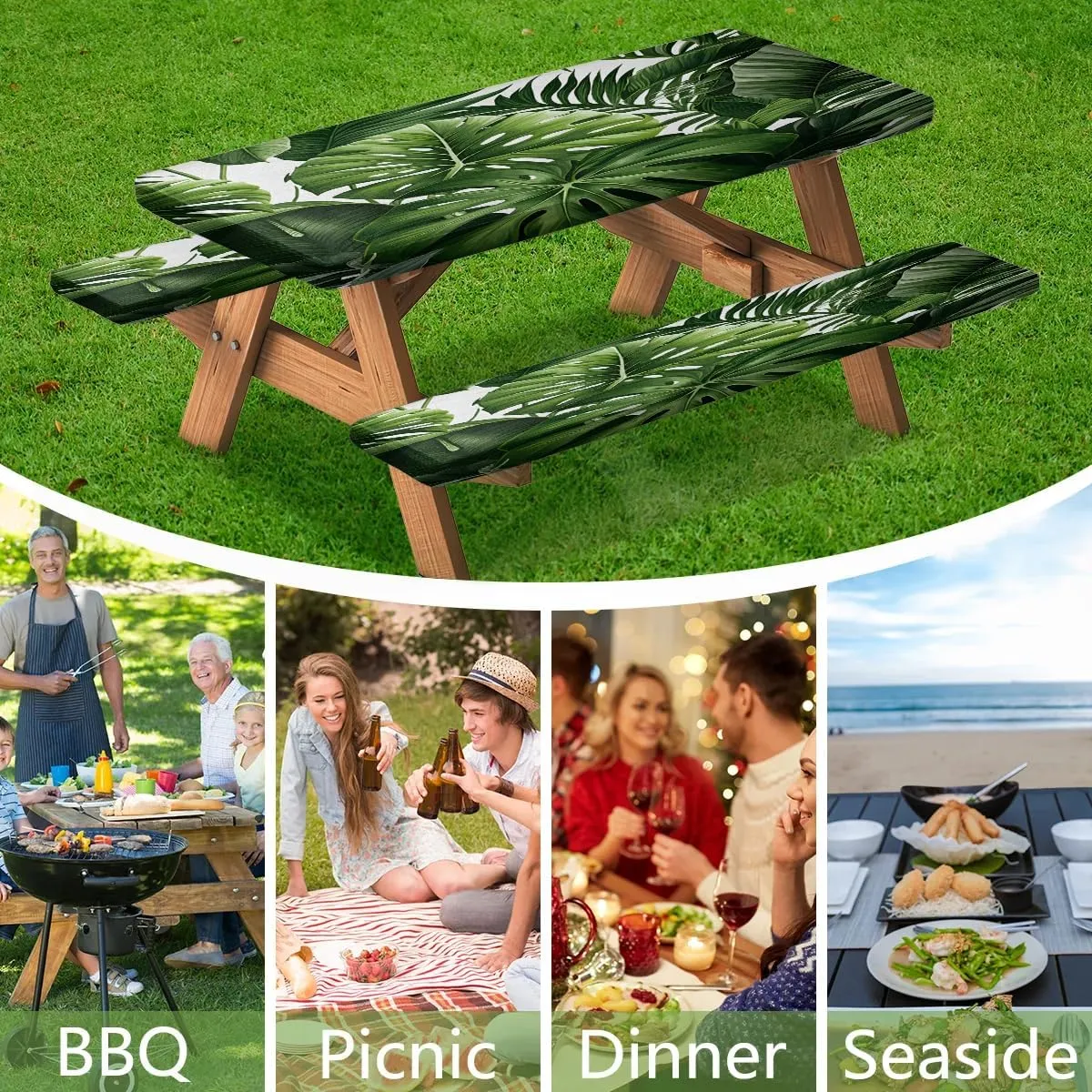 Green Palm Leave Picnic Table Cover with Bench Covers Waterproof Camping Essentials Fitted Tablecloth with Elastic Edge Rectangle Table Cloth for Outdoor