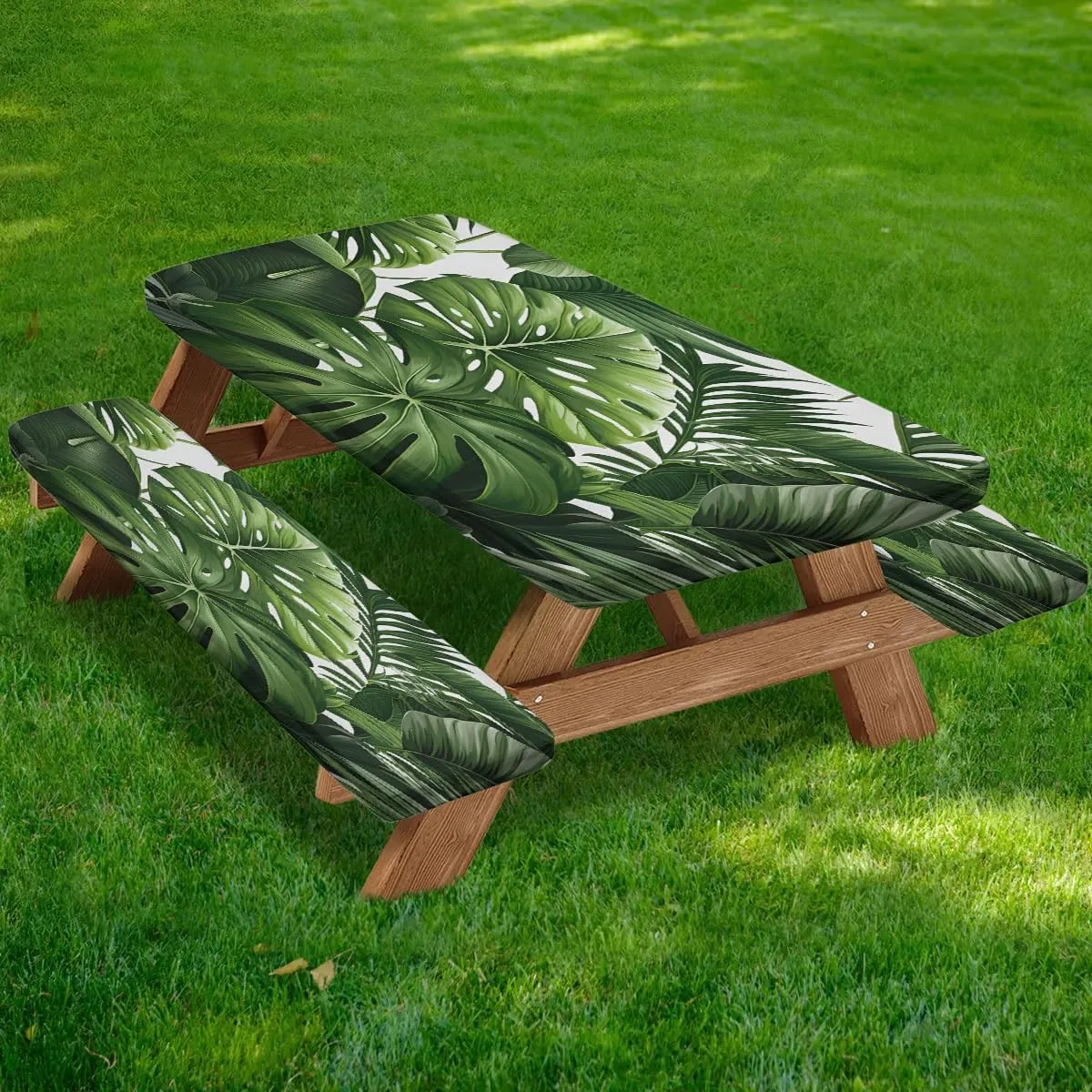Green Palm Leave Picnic Table Cover with Bench Covers Waterproof Camping Essentials Fitted Tablecloth with Elastic Edge Rectangle Table Cloth for Outdoor