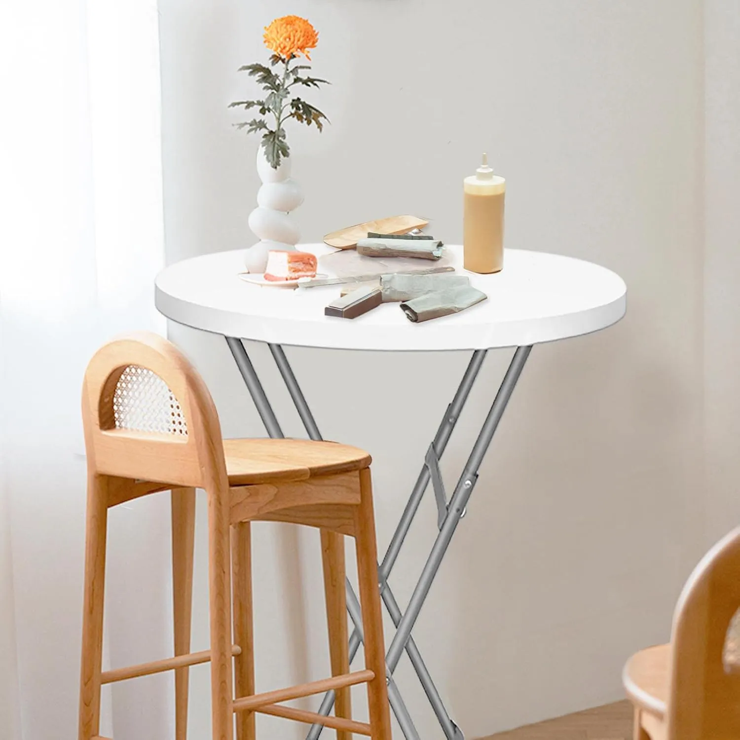 GUAGUA 32" Round Plastic Folding High Top Cocktail Table Portable Folding Bar Table with Removable Gray Legs, Indoor Outdoor for Parties, Speech, Dining(White Set)