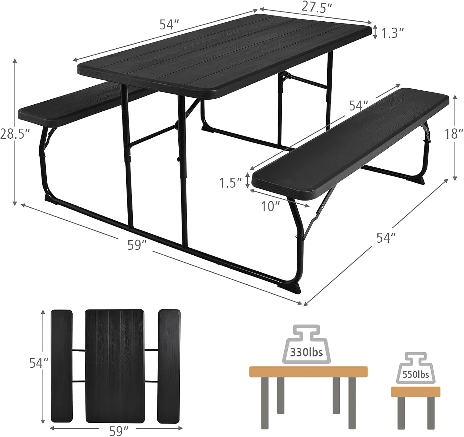 GYMAX Picnic Table, 550 LBS Folding Picnic Tables with Benches & Seats, Weather-Resistant Easy Setup Portable Picnic Table, Wood-Like Foldable Picnic Tables for Outdoors Patio Deck Party BBQ (Black)