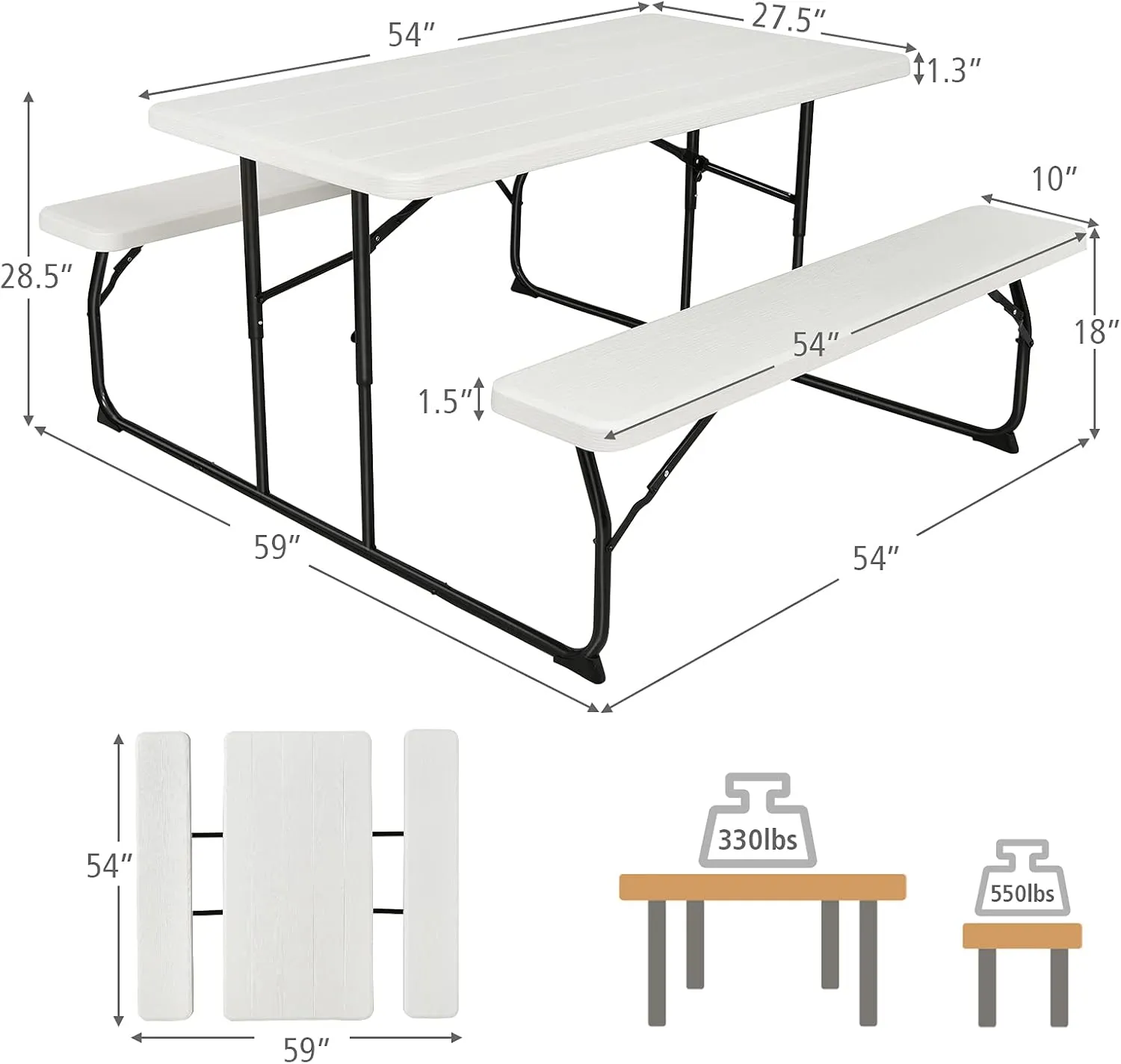 GYMAX Picnic Table, 550 LBS Folding Picnic Tables with Benches & Seats, Weather-Resistant Easy Setup Portable Picnic Table, Wood-Like Foldable Picnic Tables for Outdoors Patio Deck Party BBQ (White)