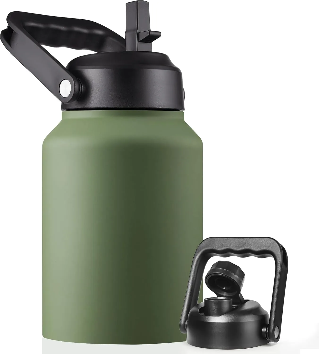 Half Gallon Insulated Water Bottle Jug with Straw, 64 oz Large Stainless Steel Sports Metal Water Flask with Handle, Thermal Water Cup Mug with 2 Lids, Army Green