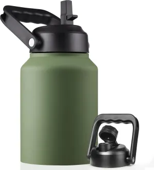 Half Gallon Insulated Water Bottle Jug with Straw, 64 oz Large Stainless Steel Sports Metal Water Flask with Handle, Thermal Water Cup Mug with 2 Lids, Army Green
