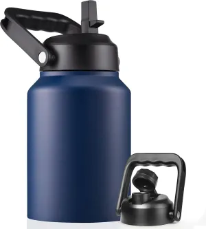 Half Gallon Insulated Water Bottle Jug with Straw, 64 oz Large Stainless Steel Sports Metal Water Flask with Handle, Thermal Water Cup Mug with 2 Lids, Navy Blue