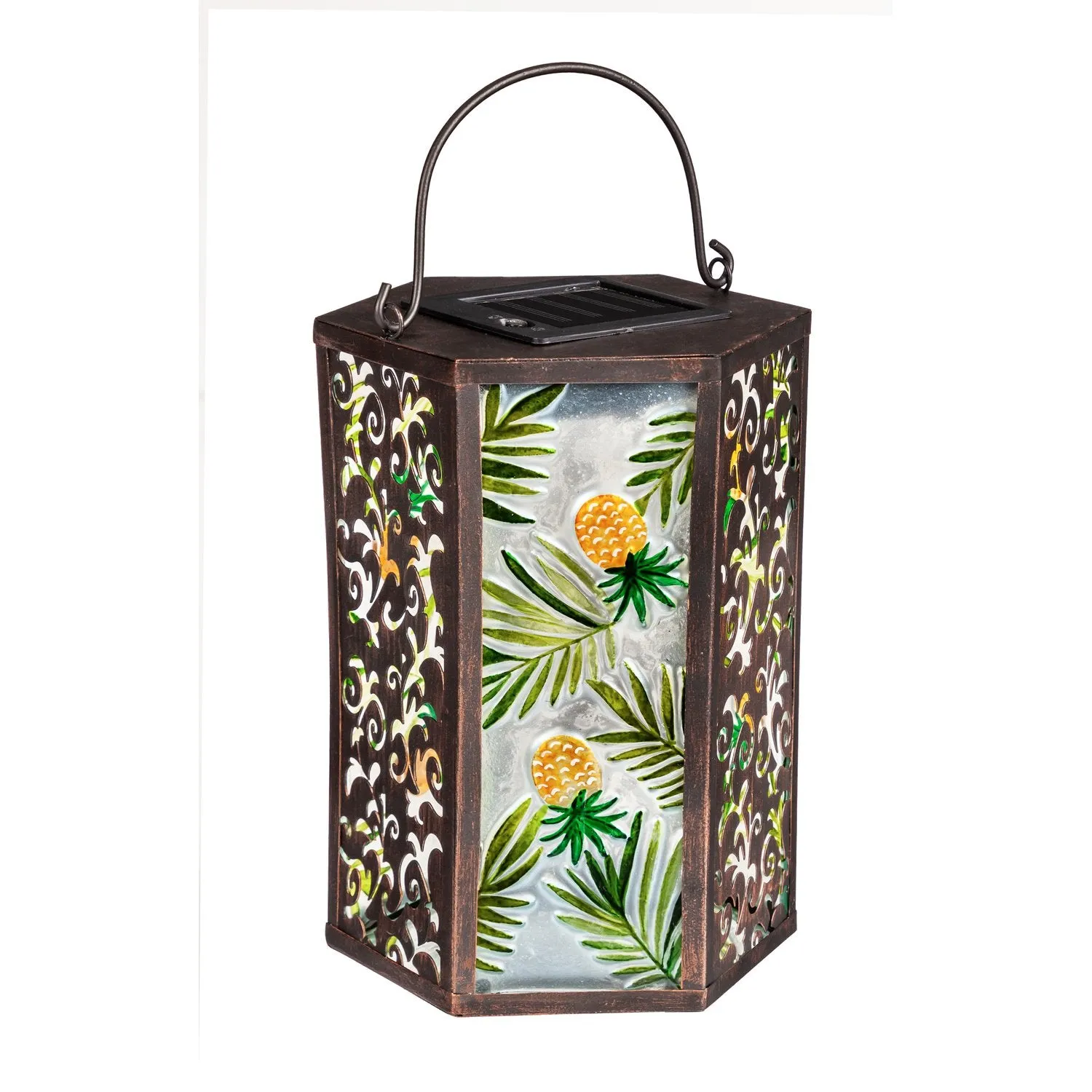 Handpainted Embossed Glass and Metal Solar Lantern, Tropical Pineapple,2sp6624