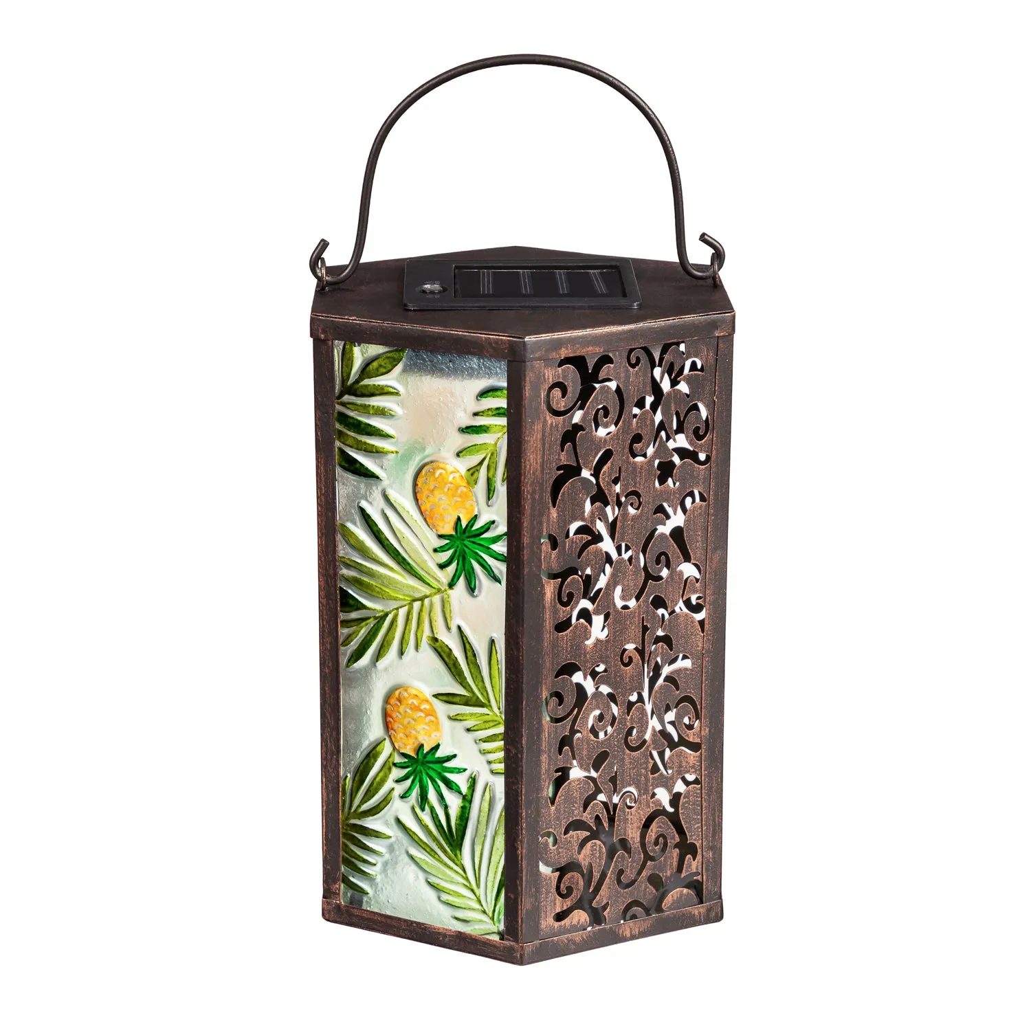 Handpainted Embossed Glass and Metal Solar Lantern, Tropical Pineapple,2sp6624