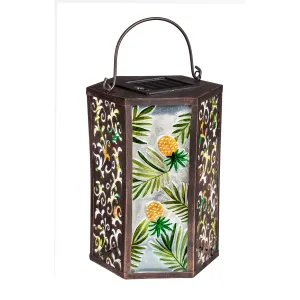 Handpainted Embossed Glass and Metal Solar Lantern, Tropical Pineapple,2sp6624