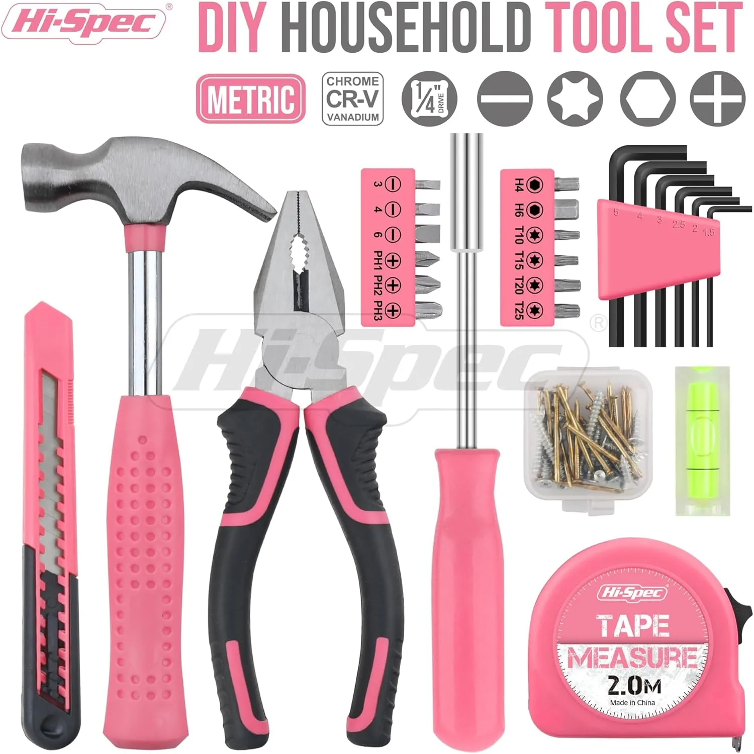 Hi-Spec Tool Set 25pc Pink Household DIY Tool Kit for Women. Small Mini Tool Box Set of Starter Basic Ladies Tools