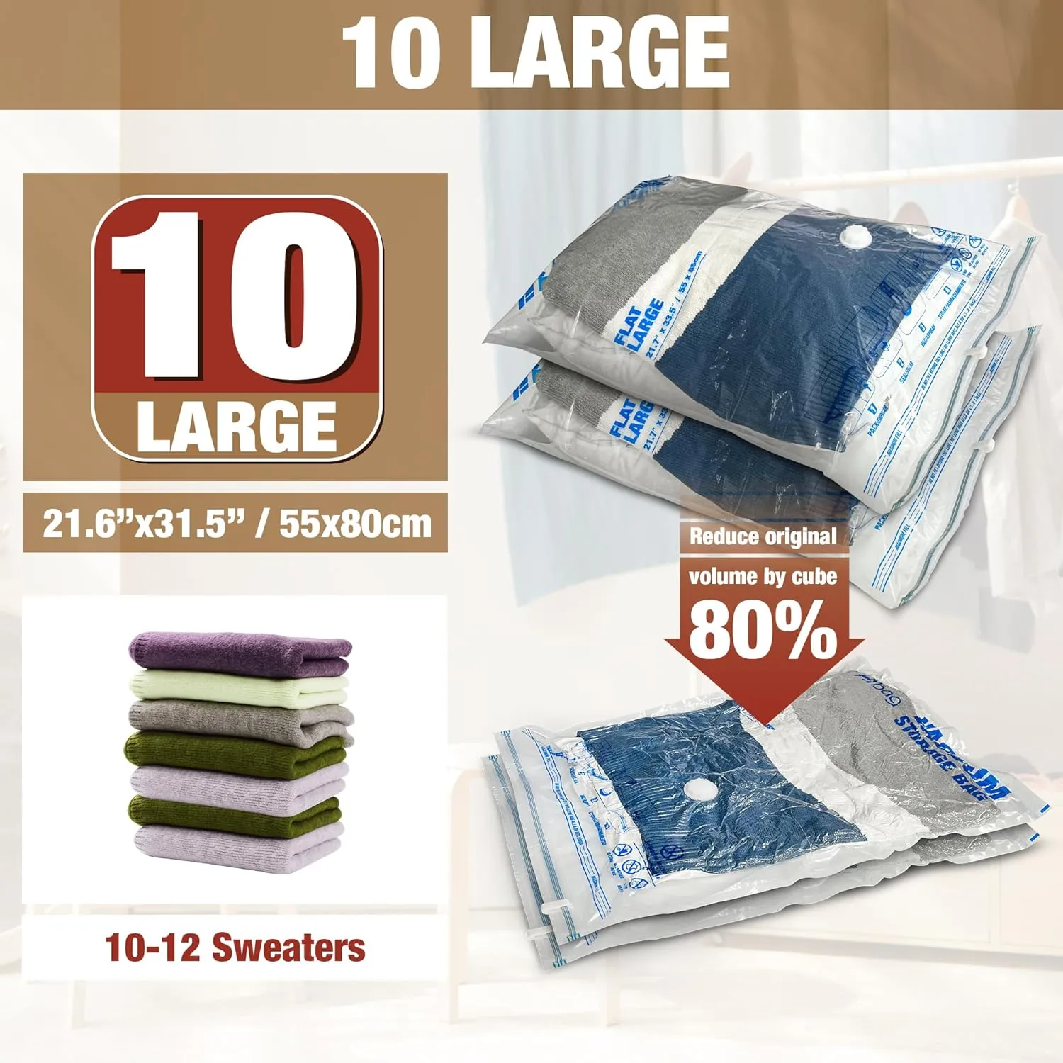 HIBAG Vacuum Storage Bags, 10 Large Space Saver Vacuum Seal Bags, Nylon & Polyethylene (PE) Material, Zipper Closure, Rectangular Shape, Durable, 10-Pound Load Capacity, For Bedding & Clothing