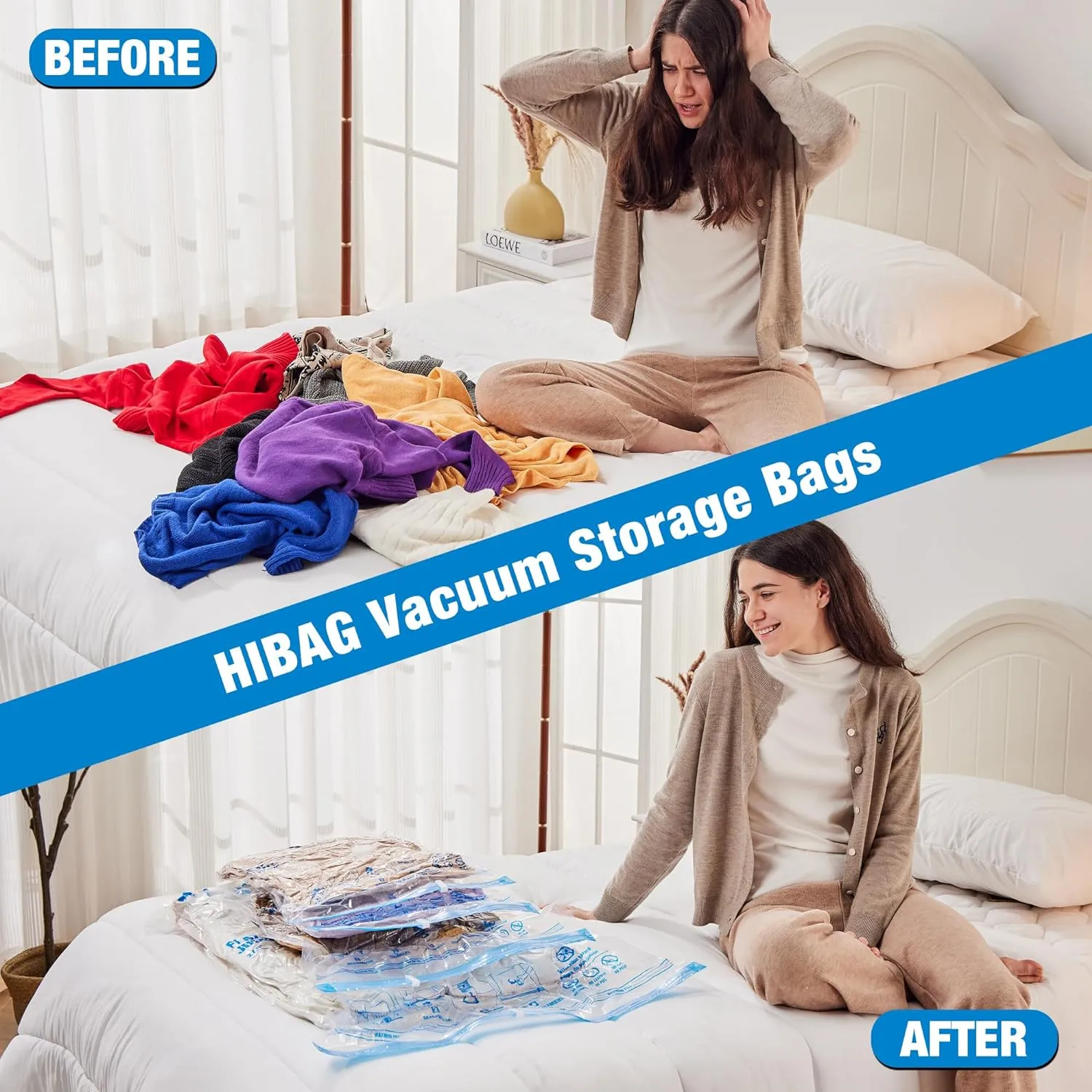 HIBAG Vacuum Storage Bags, 10 Large Space Saver Vacuum Seal Bags, Nylon & Polyethylene (PE) Material, Zipper Closure, Rectangular Shape, Durable, 10-Pound Load Capacity, For Bedding & Clothing