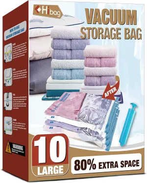 HIBAG Vacuum Storage Bags, 10 Large Space Saver Vacuum Seal Bags, Nylon & Polyethylene (PE) Material, Zipper Closure, Rectangular Shape, Durable, 10-Pound Load Capacity, For Bedding & Clothing